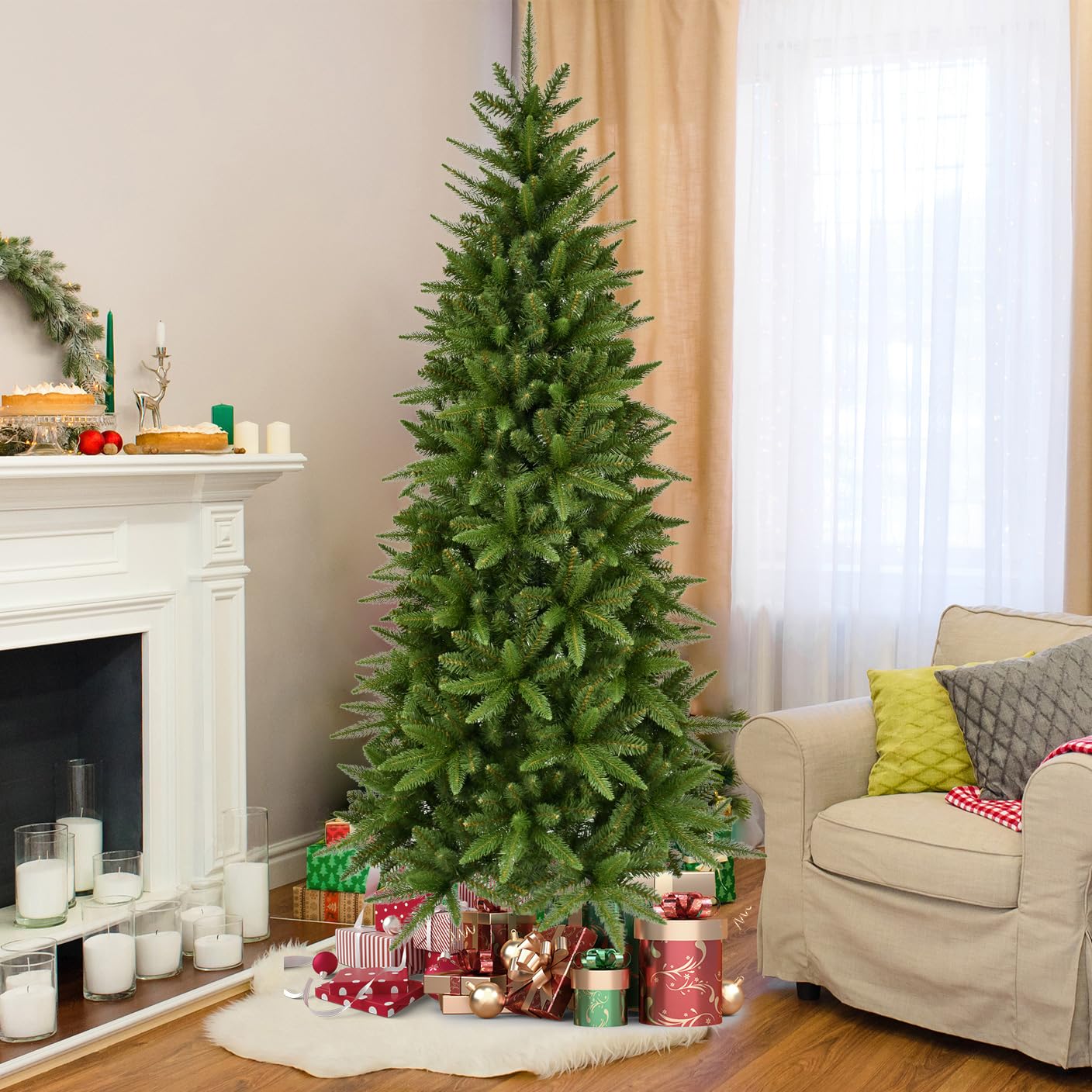 Liguanow Sapin de Noël artificiel fin et réaliste à charnière avec support en métal robuste de 1,2 m, faux sapin de Noël avec 424 pointes pour la maison, le bureau, la décoration de fête d'intérieur