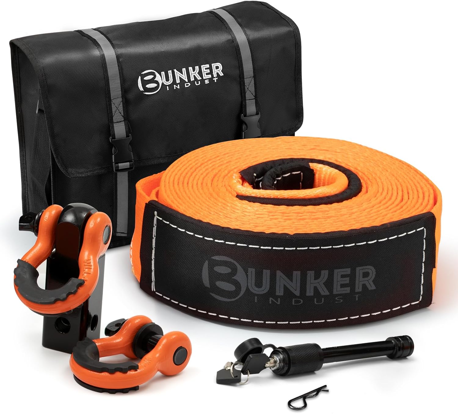 BUNKER INDUST Heavy Duty Tow Strap Recovery Kit,3" x 30ft 30,000lbs Snatch Strap + 2" Shackle Hitch Receiver + 5/8" Locking Pin + 3/4" D Ring Shackles with Isolator+ Bag,Off Road Gear Accessories
