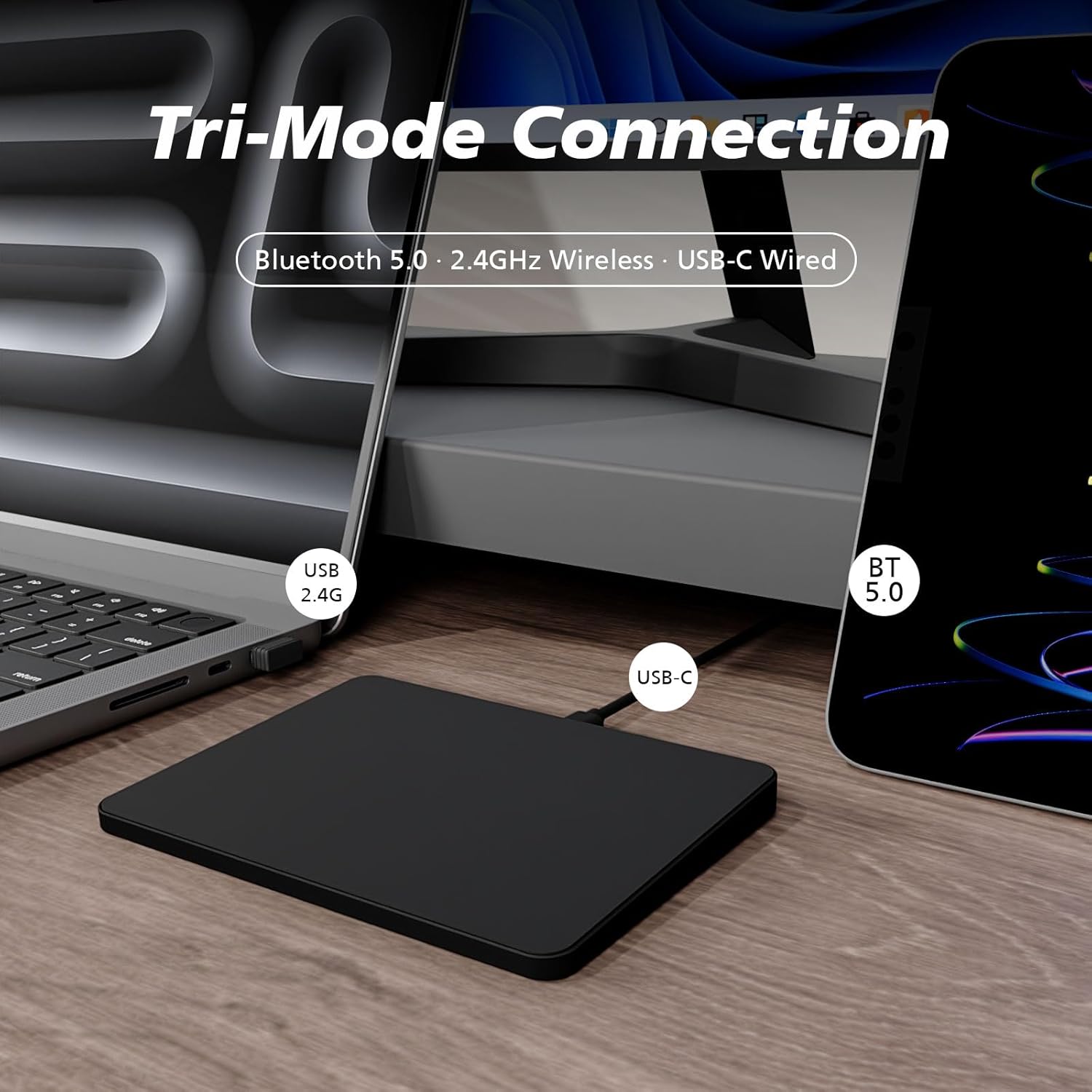 MICROPACK Digitally Yours Tri-Mode Wireless Trackpad, Bluetooth / 2.4G USB/Wired Touchpad Mouse Rechargeable for PC Laptop Desktop Tablet, Compatible with Windows macOS iPadOS (Black-2)