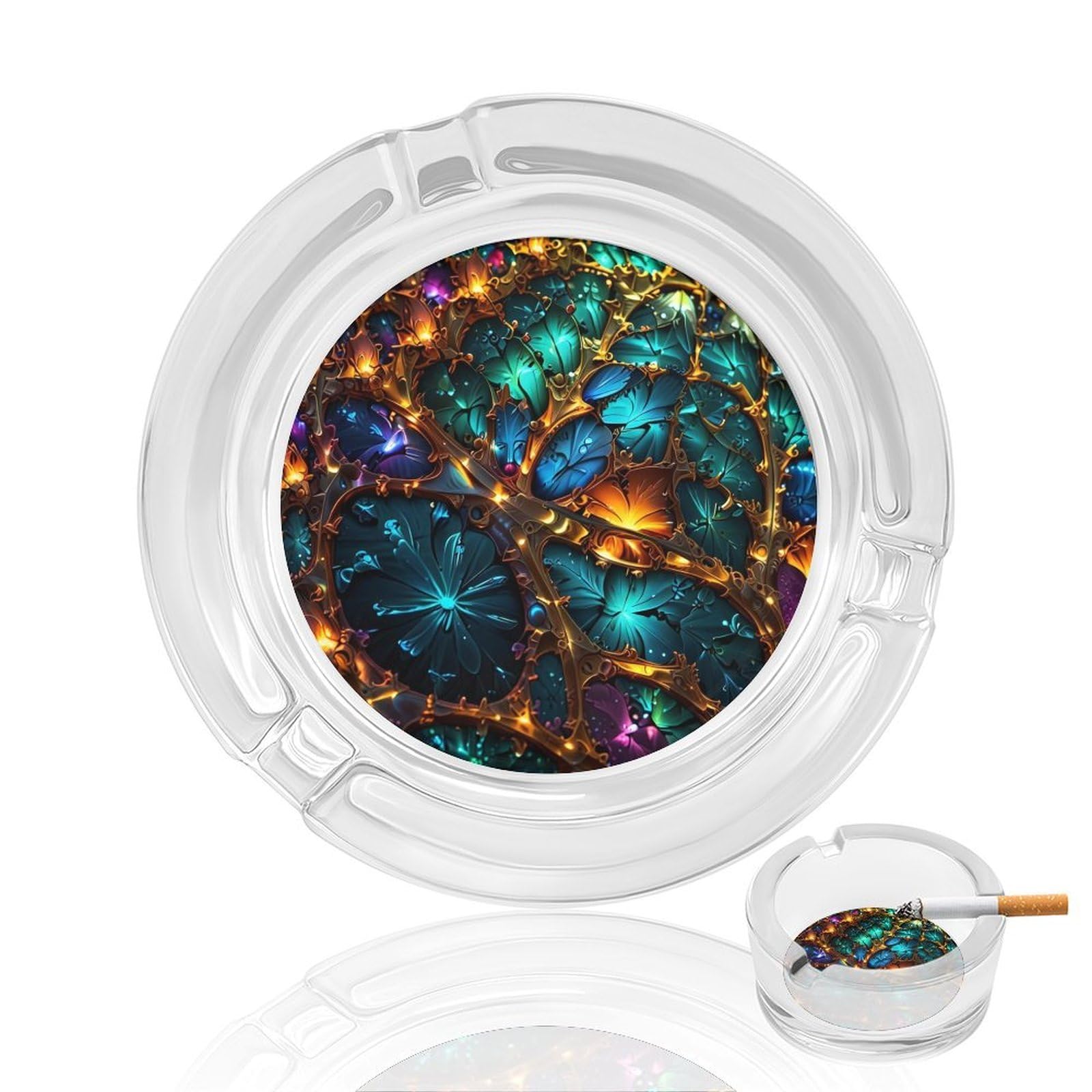 Colorful Mandala Pattern Glass Ashtray 3.3 Inch Round Cigarette Ash Holder with 4 Grooves for Home Office Outdoor One Size