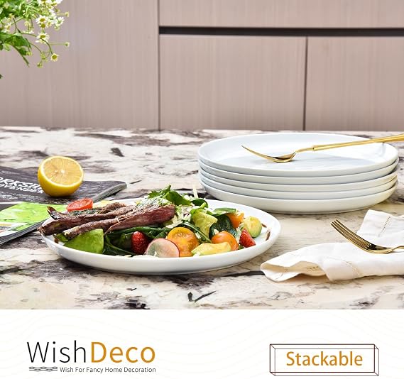WishDeco White Dinner Plates Set of 6, Porcelain Salad Plates 23 cm / 9 inch