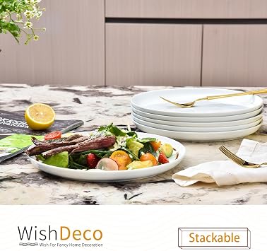 WishDeco White Dinner Plates Set of 6, Porcelain Salad Plates 23 cm / 9 inch