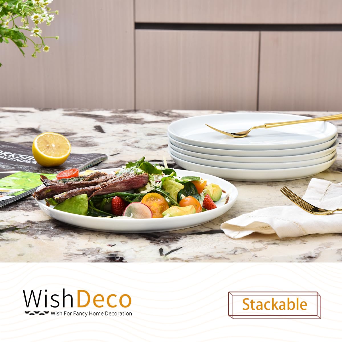 WishDeco White Dinner Plates Set of 6, Porcelain Salad Plates 23