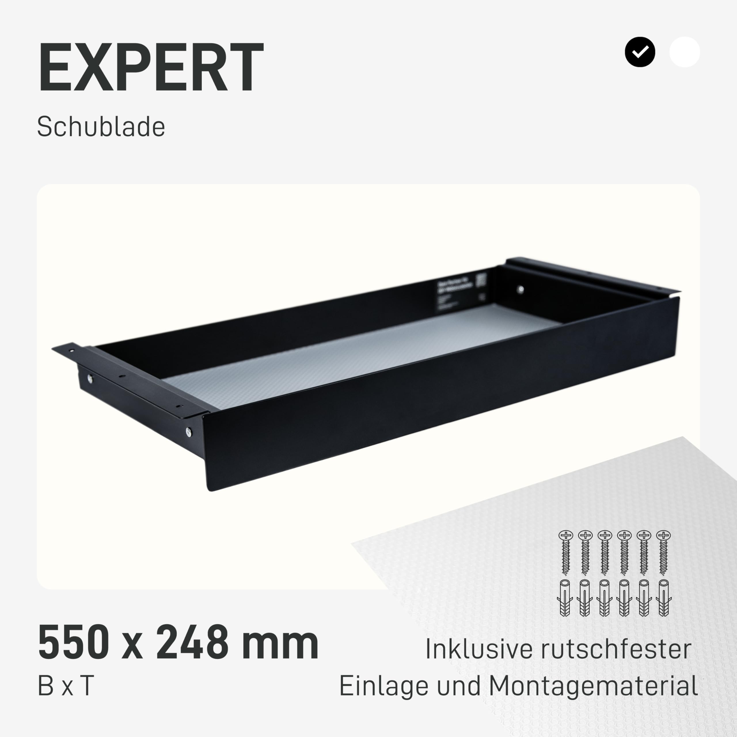 Natural Goods Berlin EXPERT Schublade Metall Schwarz mit Antirutschmatte - 55 x 25 x 5 cm - Untertisch Schublade Schubladen Unterbau Schublade Schreibtisch Under Desk Drawer Schublade Schreibtisch