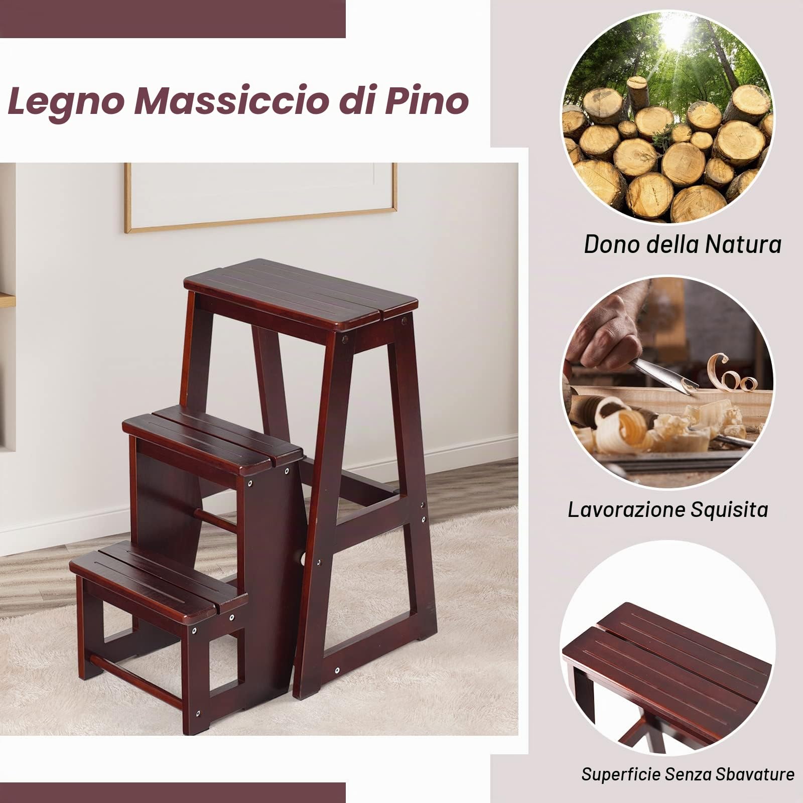 GIANTEX 2 in 1 Scaletta e Sgabello Legno, Sgabello Scala Pieghevole, a 3 Gradini, Portata di 150 kg, Richiudibile e Salvaspazio, Ideale per Soggiorno/Studio/Ufficio, 38,5x57x66 cm, 2 Colori