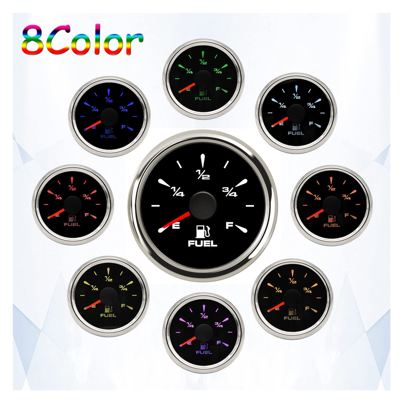 Czujnik poziomu cieczy, AD 52mm wskaźnik poziomu paliwa + czujnik 240-33 Ohm z 7 podświetleniem LED do samochodu łódź motocykla zakres EF 12-24V(GaugeX125mm Sensor)