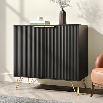 Storage Cabinet with Doors, Black Buffet Cabinet with Metal Legs and Adjustable Shelf, Fluted Sideboard Accent Cabinet with 2 Doors for Kitchen, Dining Room, Living Room, Office, Black