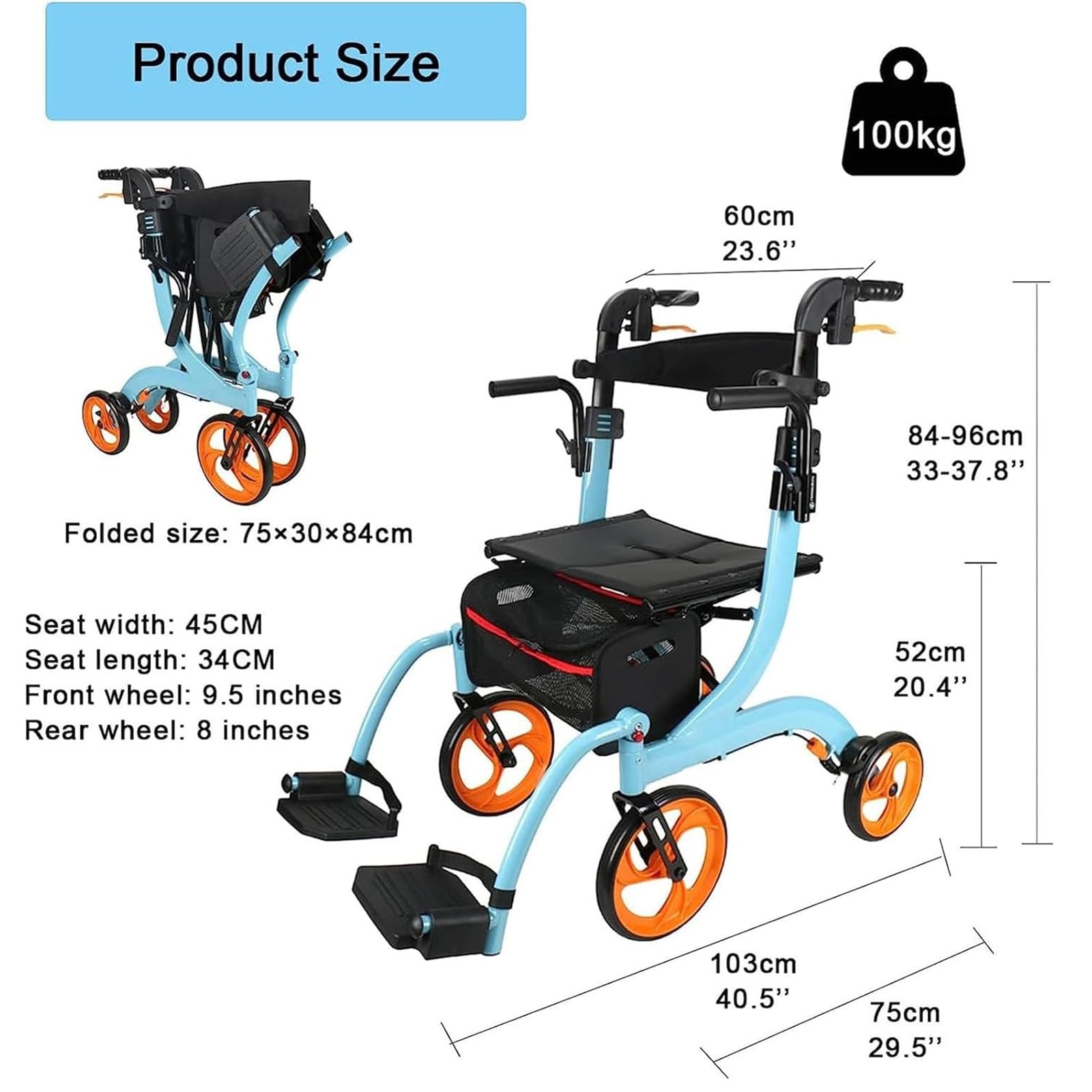 Rollator Walker with Seat Seniors 2-w-1 Rollator Walker Wheelchair Combo Transport Wheelchair Lightweight Foldable 220lb Collapsible 4 Wheel Transport Chair w/Brake Footrest Pouch