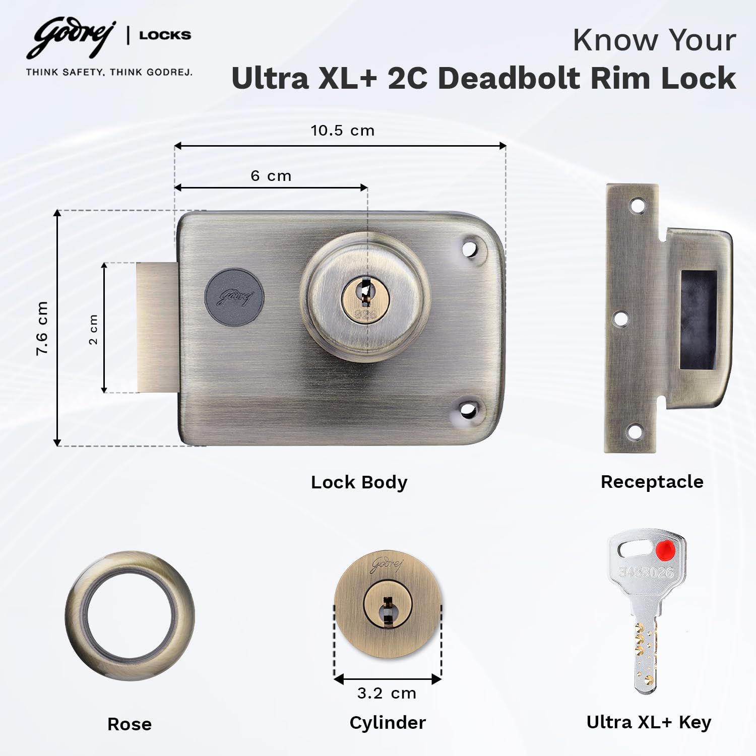 Godrej Rim Lock I Rim Deadbolt Ultra XL+ I 2C Deadbolt I for Inside Opening Wooden Main Door | Left/Right Handed Doors I 4 Keys I 5-Year Warranty I Manual Locking I Antique Brass Finish — Amazon image 4