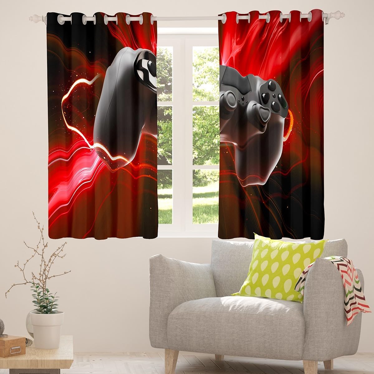 Erosebridal Red and Black Gaming Window Curtains, Video Game Gamer Curtains & Drapes for Boys Kids Bedroom Room Decor, Gaming Console Gamepad Window Treatments 2 Panels, 42 x 63 Inch