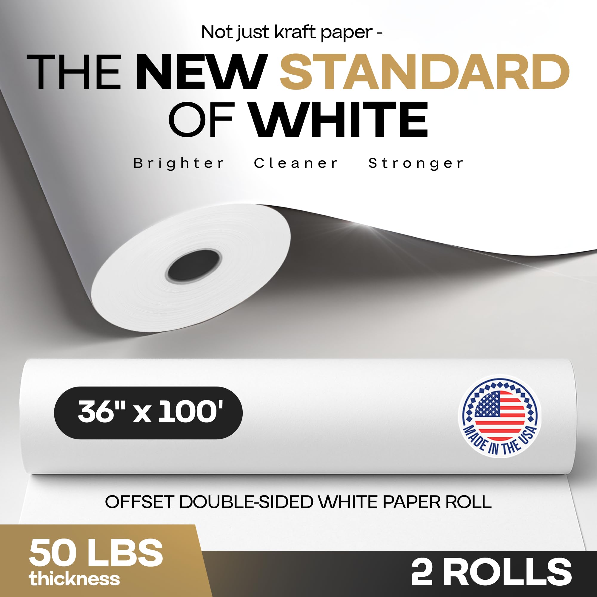 Rollos de papel blanco de 36 x 1200 pulgadas (100 pies), paquete de 2 – Papel kraft blanco de calidad fabricado en Estados Unidos de 50 libras de grosor para embalaje, envío, manualidades/artes