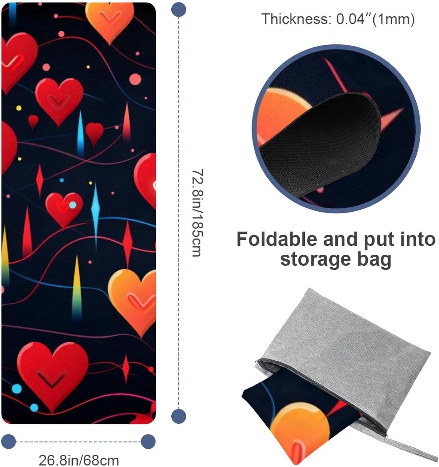 Yoga Towel, Love Heart Pattern Non Slip Sweat Absorbent Hot Yoga Mat Towel for Hot Yoga, Pilates and Fitness - 72.8" x 26.8"