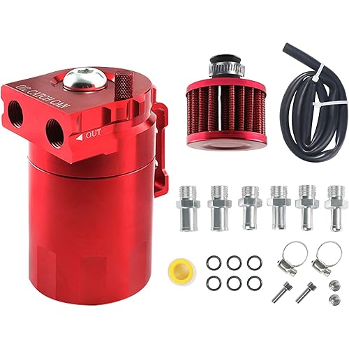 AOCISKA Aluminum Oil Catch Can,Baffled Oil Catch Can Kit,300ml Oil Reservoir Tank,Oil Separator Catch Can with Hose Kit,Universal Oil Catch Can Tank Polish Baffled Reservoir (Red)
