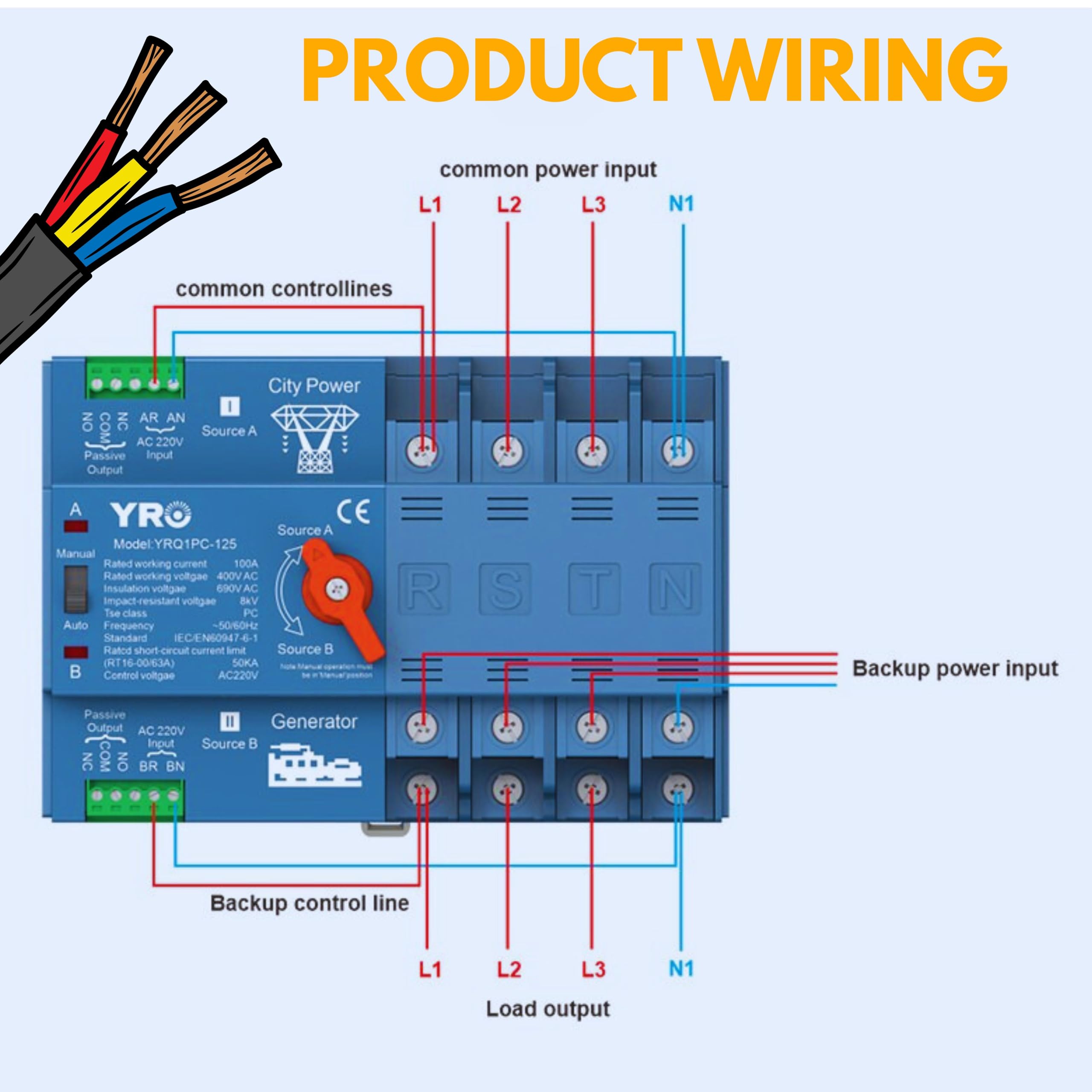 GADITES Automatic Transfer ATS 125A – Single Phase Emergency Power Transfer Switch | Auto Generator Changeover | Backup Power Controller for Home/Business (3 PHASE CHANGE OVER) - Image 6 thumbnail