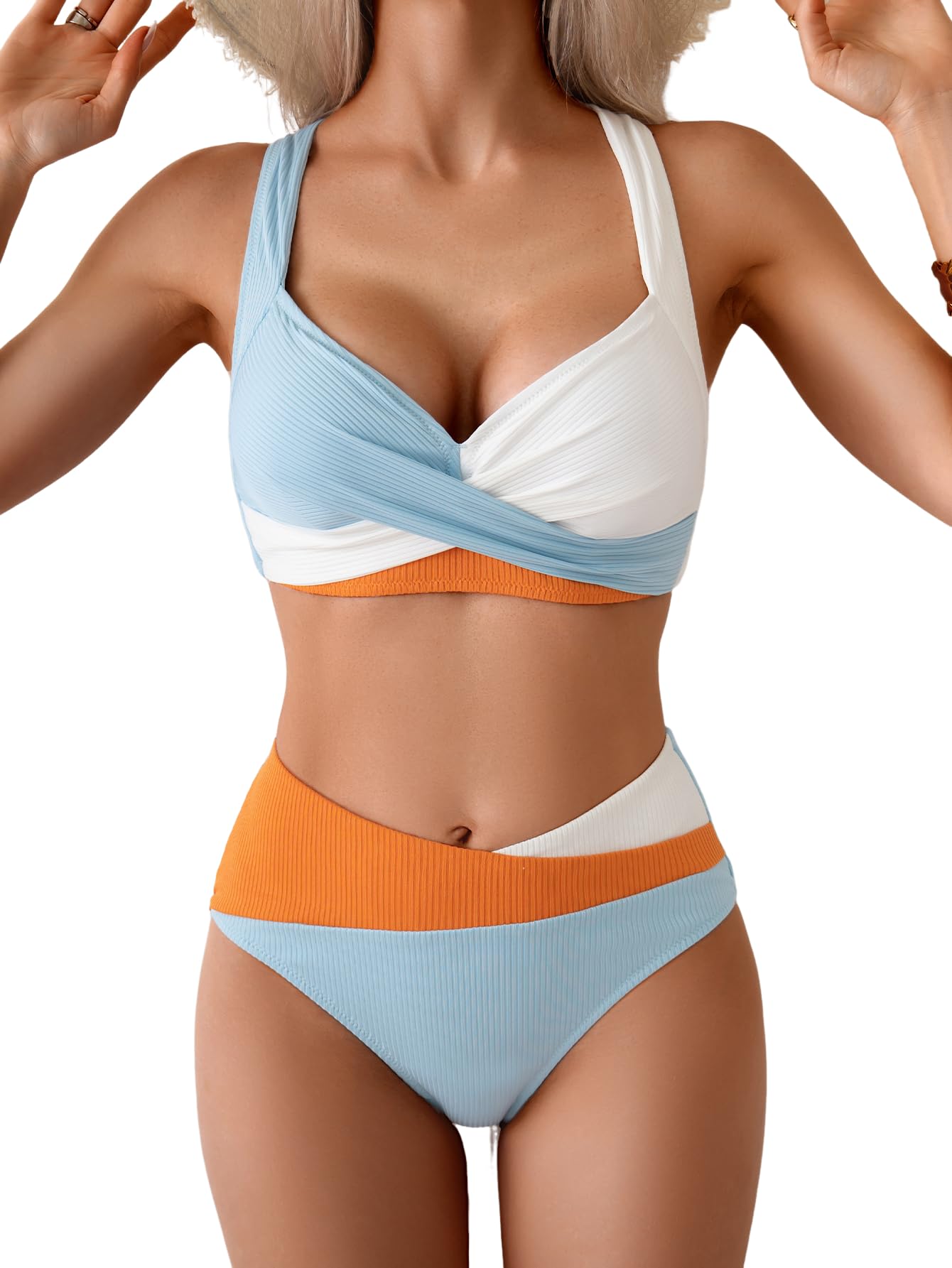 b2prity Bikini Set for Women Two Piece Swimsuit Mid Waist Color Block Swimsuit Tie Back Swimwear-picture-28