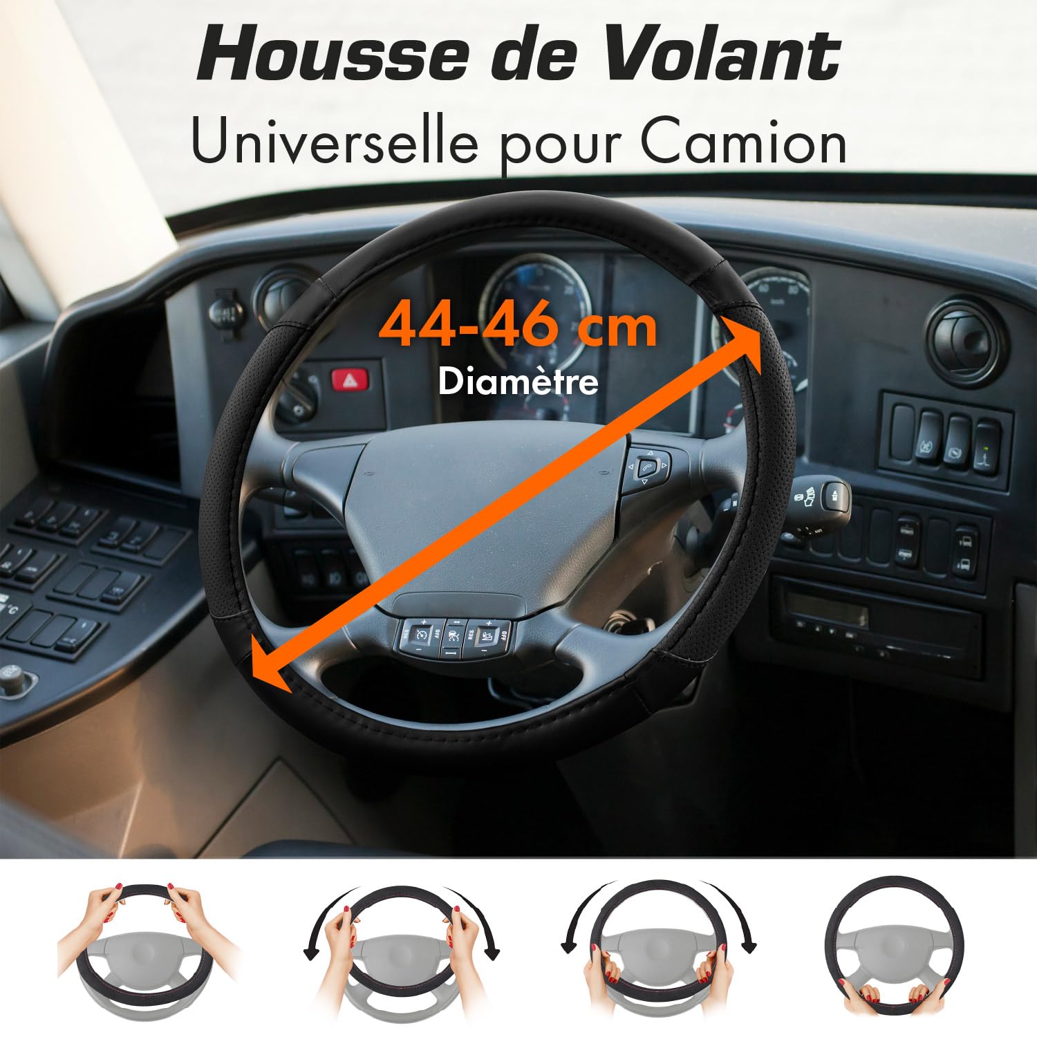 Upgrade4cars Couvre Volant Camion 44-46 cm Noir Simili Cuir | Housse de Protection Furgon Taille Universel | Accessoires Voiture Decoration Interieur Protege