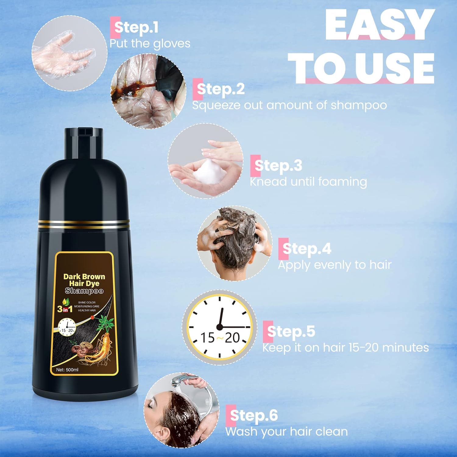 Dark Brown Hair Dye Shampoo 3 in 1, Natural Hair Dye Semi