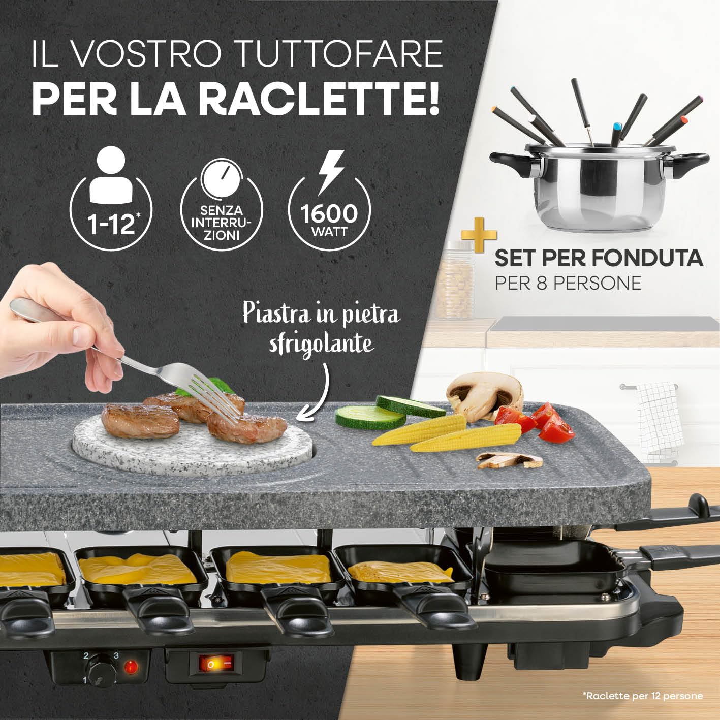 GOURMETmaxx raclette & fondue combi XXL per 12 persone | Griglia per raclette 4 in 1 con padelle, set per fonduta e pietra calda | Griglia elettrica da tavolo con piastra antiaderente [1600 watt].