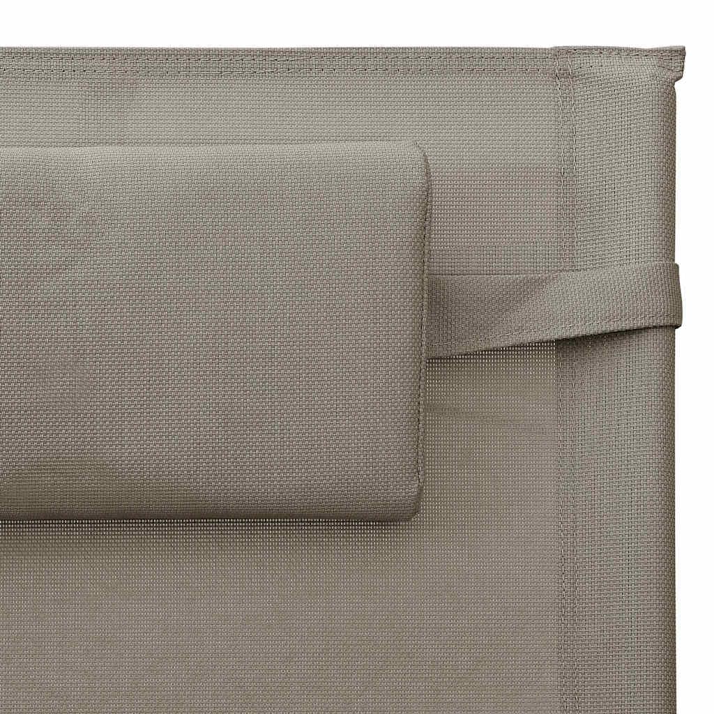 Leżak ogrodowy, tekstylen, szarobrązowy (taupe), malowany proszkowo, stalowy stelaż, 149 x 62 x 88 cm, z kieszenią boczną, regulowanym oparciem, na basen, plażę, taras