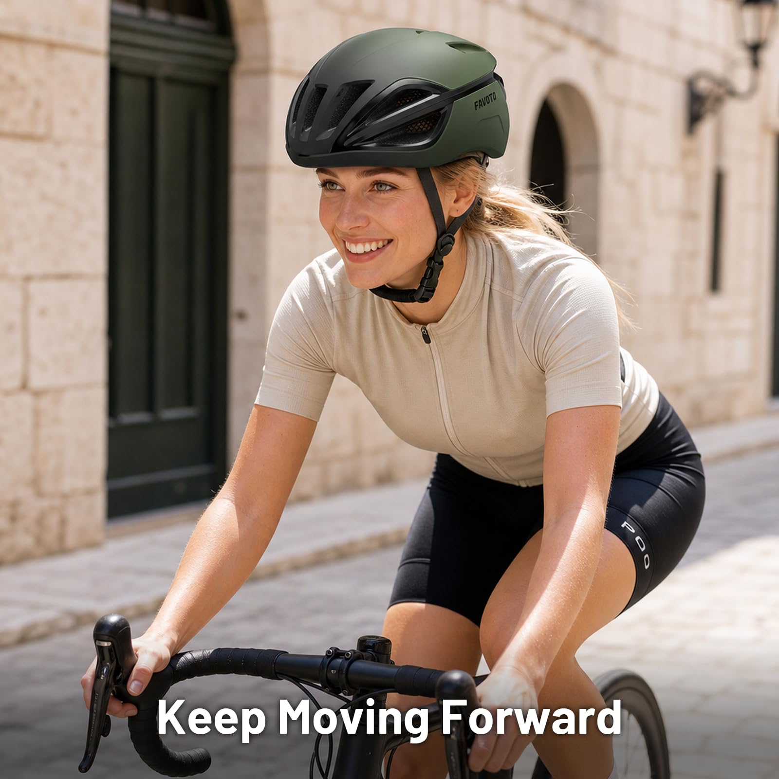 Favoto Kask rowerowy, kask miejski, lekki, stabilny i regulowany, z materiału EPS z 15 otworami wentylacyjnymi, wyściółka wewnętrzna, zdejmowana, matowa, zielona, rozmiar L (59-61 cm)