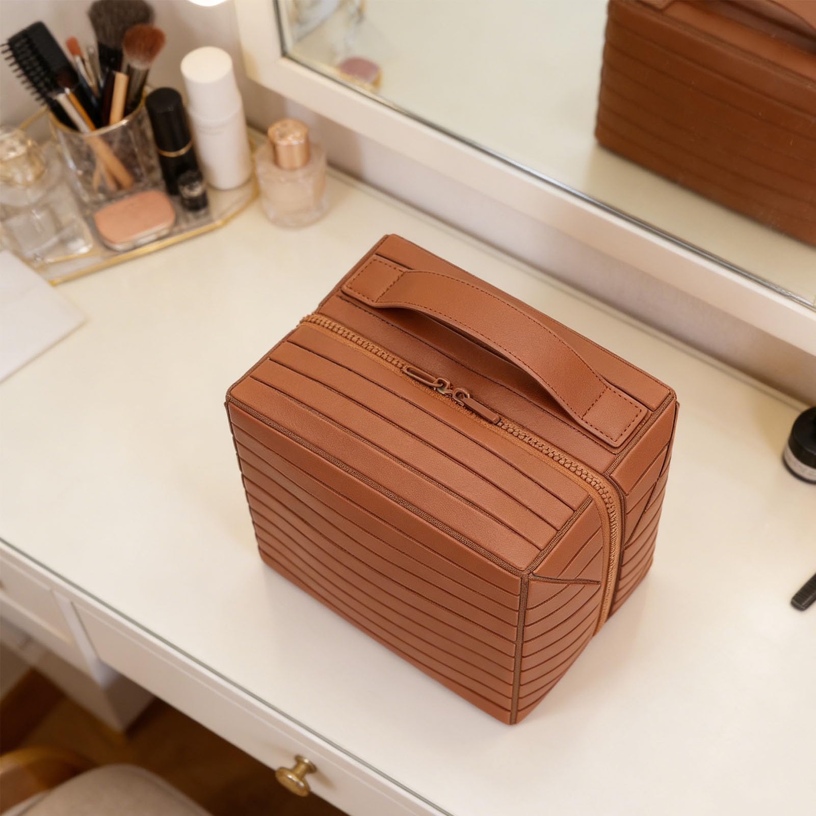 Bolsa de Maquillaje de Viaje, Bolsas de Cosméticos de Gran Capacidad para Mujeres, Bolsa de Aseo Plegable a Prueba de Agua, Diseño Abierto (Brown)