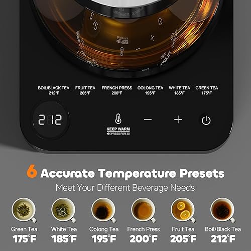 Miniatura 2 de Hervidor eléctrico de té con infusor de 1.7 L de vidrio con control de temperatura, apagado automático, 12 horas, mantiene el calor para el