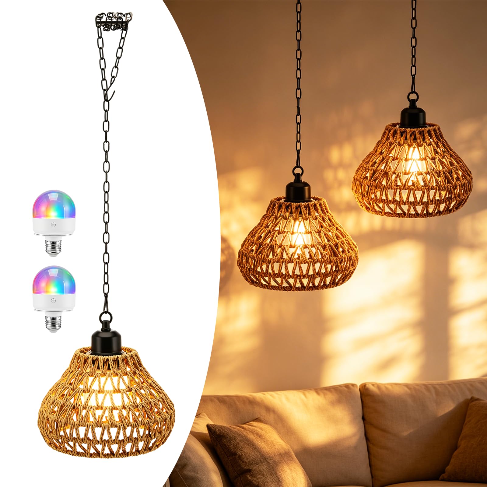 Battery Powered Outdoor Pendant Light, 2Pack Rattan Pendant Lamps Outdoor