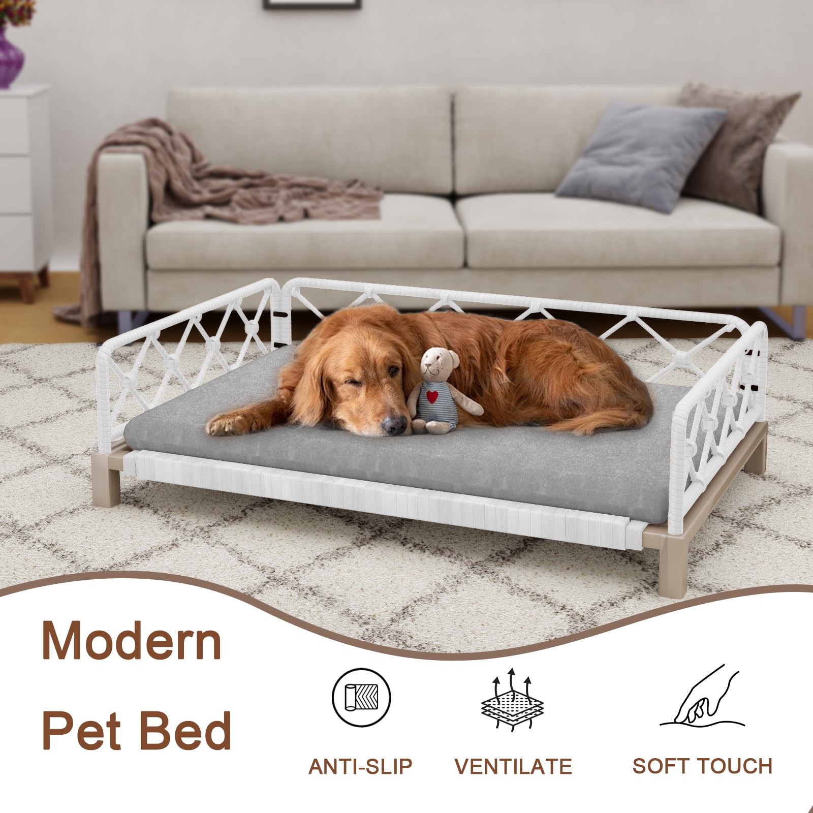 Dog Bed, Outdoor Waterproof Elevated Dog Couch with Washable Removable Cushion, Boho White Rattan Wicker Orthopedic Indoor Raised Pet Sofa for Large Dogs (40" x 25", Gray) - image 4