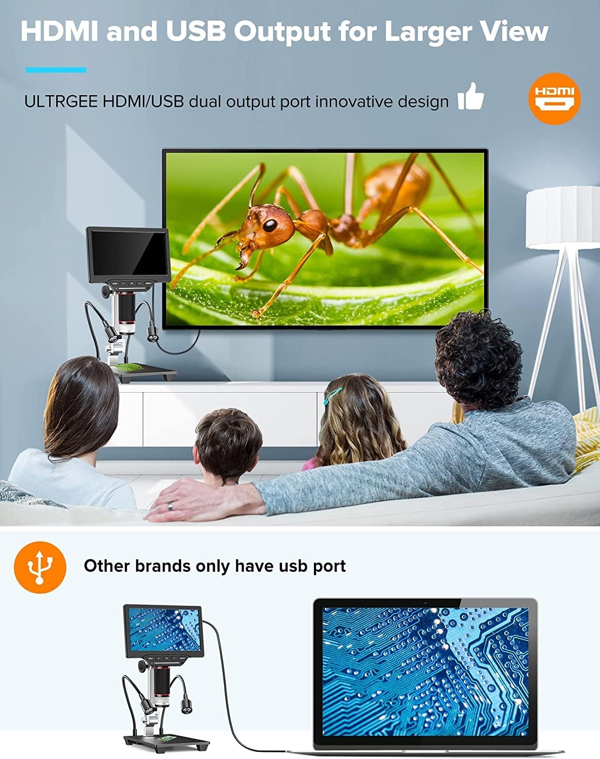 Microscope connected to external monitor via HDMI and PC via USB