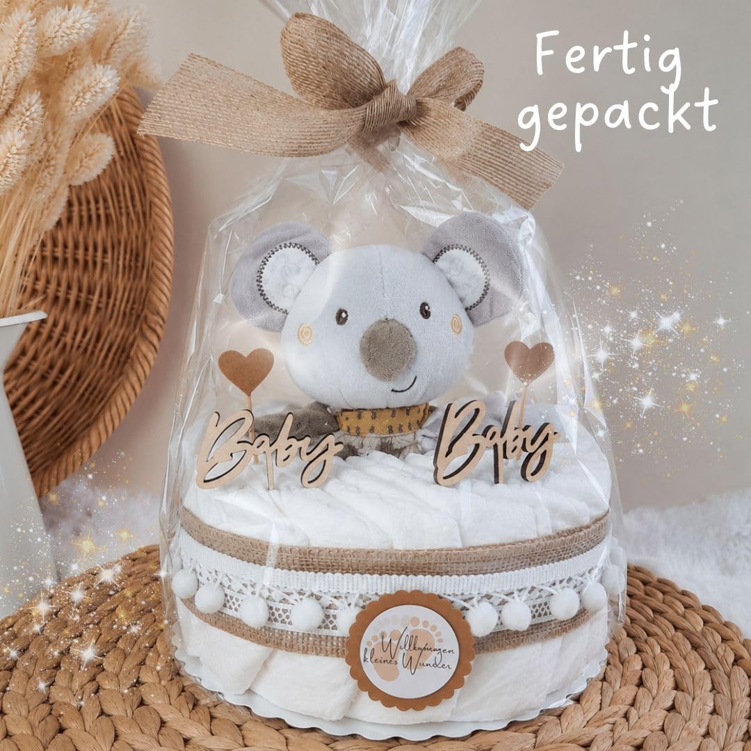 Torta per pannolini Piccola con peluche boho, stile vintage, prodotta in Germania, alta qualità e bellissimi accessori, regalo per la nascita