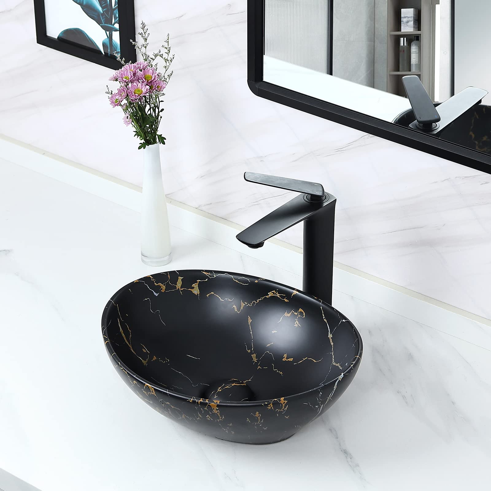 Fregadero ovalado negro mate de 16 x 13.2 pulgadas con drenaje desplegable, fregaderos de baño, lavabos de baño sobre encimera, fregadero de cerámica para encimera, fregadero, cuencos negros 3