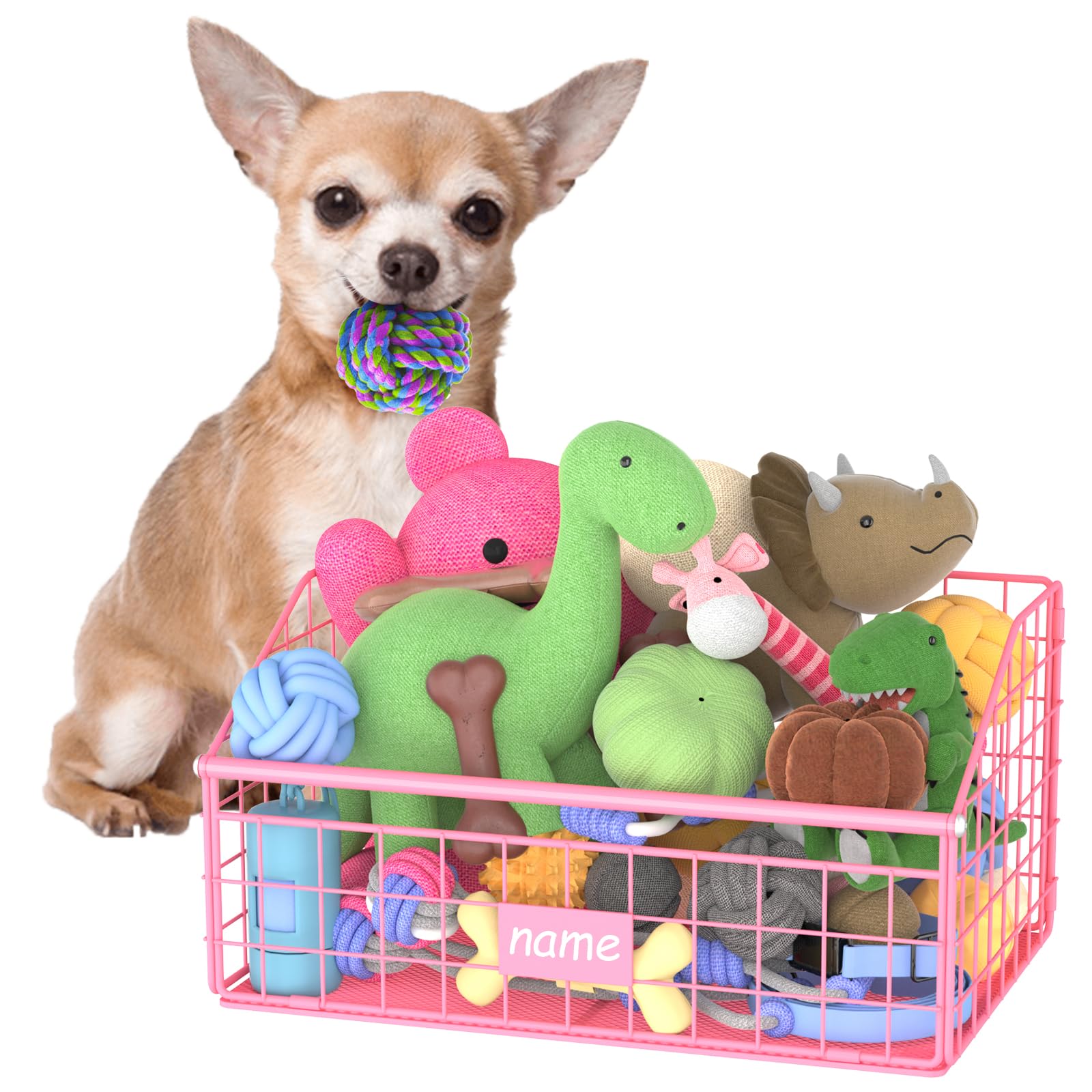 Kaiferty Indestructible Dog Toy basket, Small Toy Box for Dogs, Pet Toy Bin Dog Metal Basket for Toys, Toy Storage Organizer,Dog Toy Box for Living Room Area(Pink)