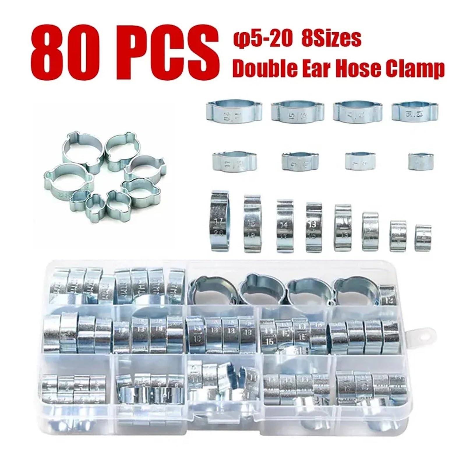Abrazaderas de doble oreja 80 Uds 5-20mm abrazaderas de doble oreja O Clips-Crimp O-Clip aire silicona gasolina combustible manguera tubo acero galvanizado dos