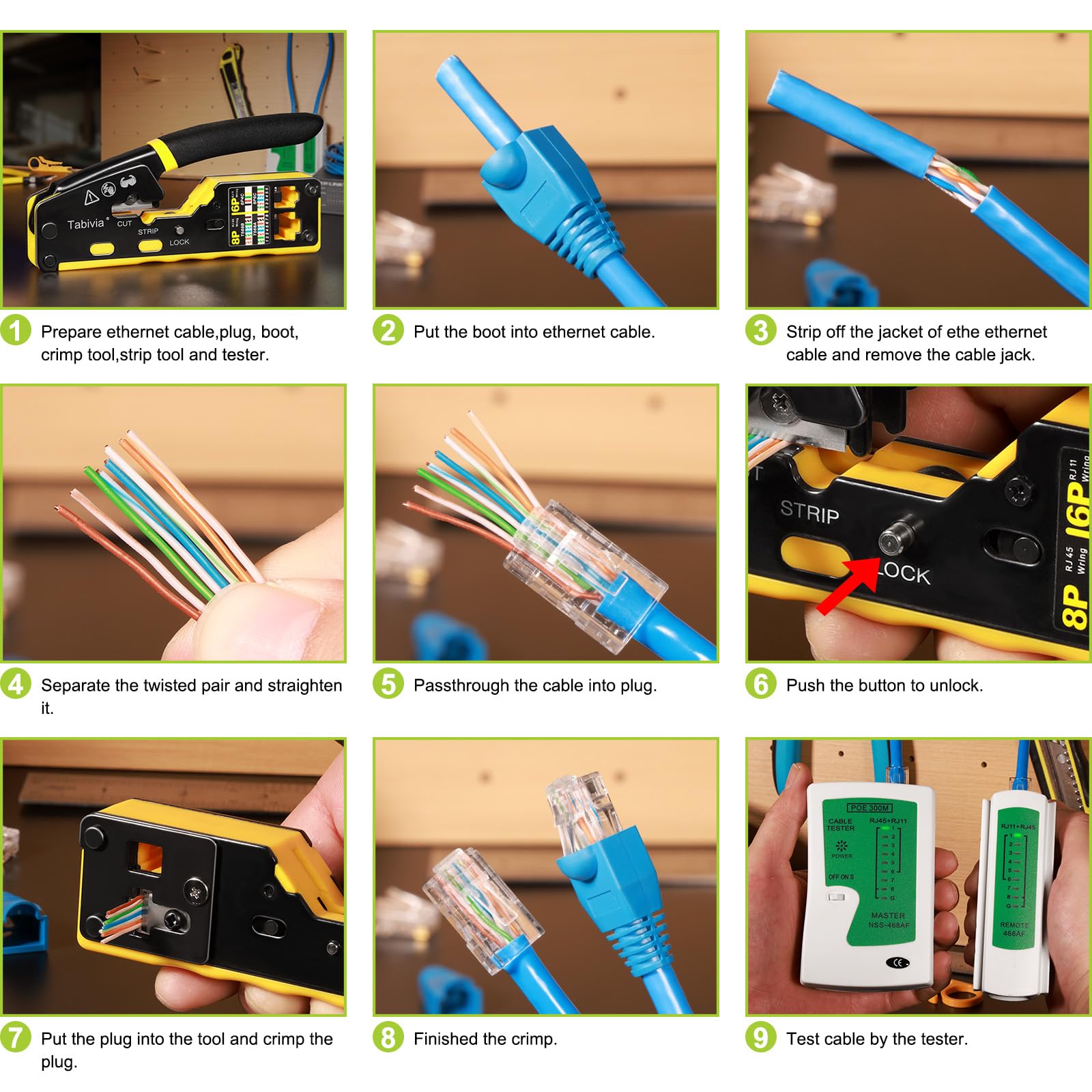 Kit de herramientas de crimpado RJ45 todo en uno, kit de herramientas de crimpado Ethernet, herramienta de crimpado de paso RJ45 para Cat6 Cat5e Cat6a con probador de cables de red, 50