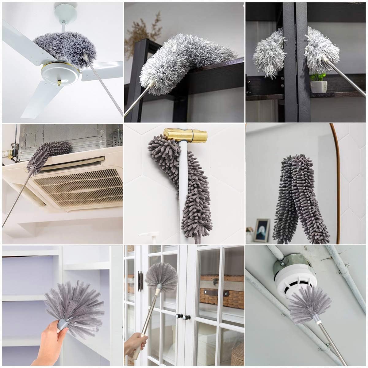 HEOATH Microfiber Feather Duster, 4PCS High Reach Dusting Kit with Extension Pole(30-100 inch), Microfiber Feather Dusters, Crevice Brush, Chenille Ceiling Fan Duster, Non-Scratch, Bendable, Washable
