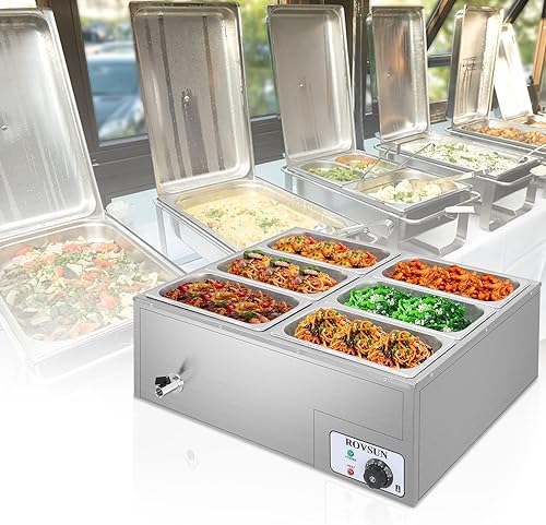 Miniatura 6 de ROVSUN Calentador eléctrico de alimentos comerciales de 42.3 cuartos de galón, 6 bandejas, 110 V de acero inoxidable Bain Marie, mesa de vapor de