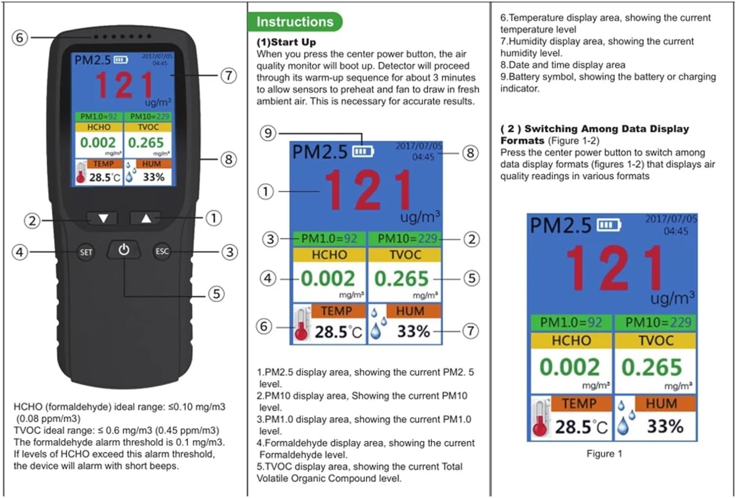 ガス漏れ検知器テスター 8イン1 大気質検出器 HCHO TVOC PM2.5 PM10 PM1.0 温度湿度テスター デジタル空気