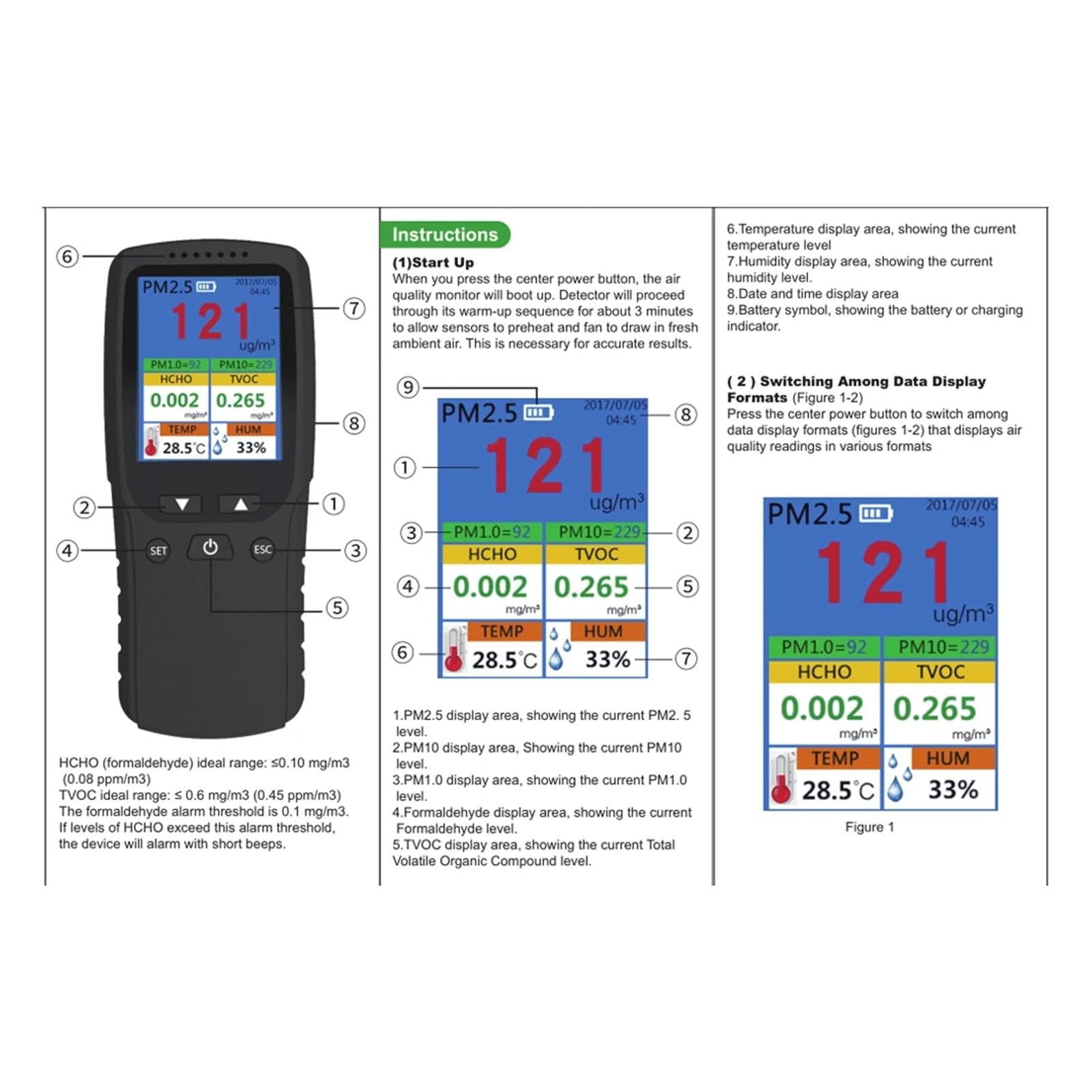8 w 1 Detektor Jakości Powietrza HCHO TVOC PM2.5 PM10 PM1.0 Tester Temperatury Wilgotności Cyfrowy Analizator Powietrza Monitor Zanieczyszczenia Powietrza Odczyt w czasie rzeczywistym