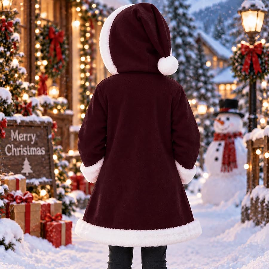 Weihnachtsjacke Mädchen Fleece Kapuzenjacke Christmas Sweatjacke Girl Jacke | Weihnachten Outdoorjacke Herbst Winter Übergangsjacke Kinder Sweatshirt Jacke mit Taschen Wein 140, Bild 3