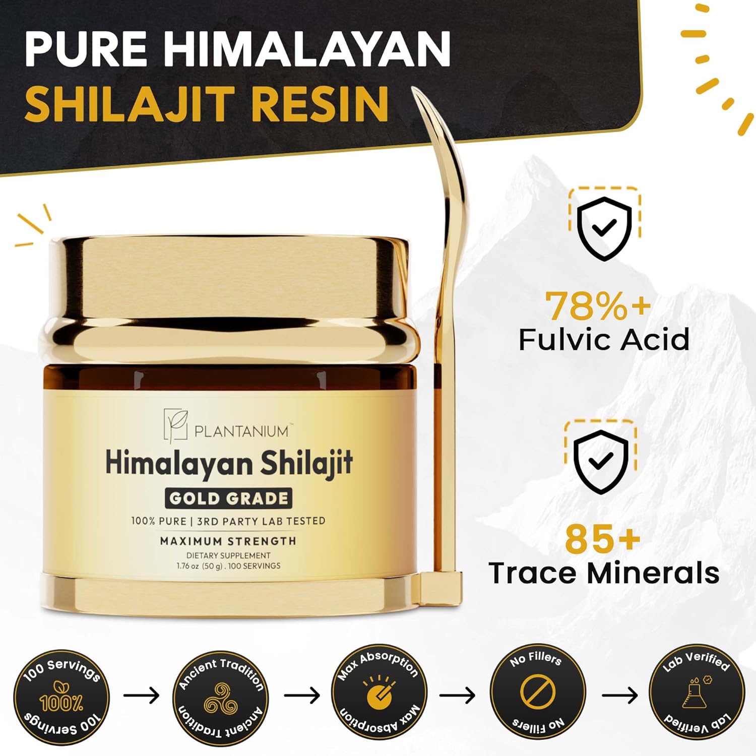 Gold Grade Premium Himalayan Shilajit Resin 50g, 100 Servings, 85+ Trace Minerals, 78%+ Fulvic Acid. Energy, Vitality & Immune Support. with Lab Tested Purity