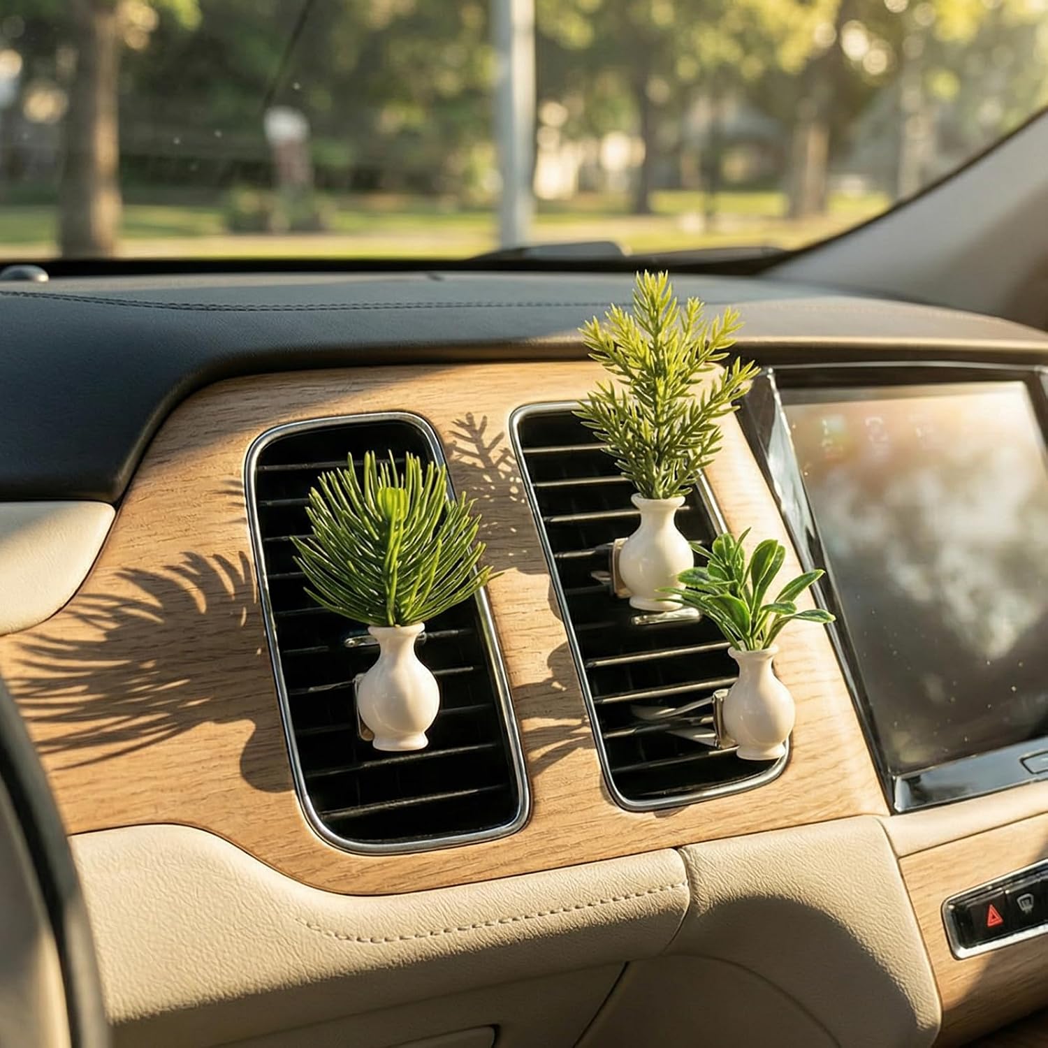 3 Pcs Mini Green Plants Vase Car Vent Clips – Cute Car Decorations, Dashboard Decor & Air Vent Clips with Glue Dots , Car Interior Accessories, Artificial Potted Charm Decor Gifts for Women & Men