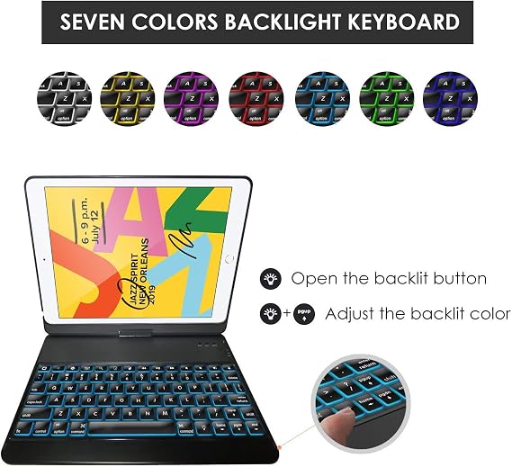 ProCase 360 Rotation Backlit Keyboard Case for iPad 10.2(9/8/7th), Black | Smart Cover with 7-Color Backlit Wireless Keyboard for iPad 10.2-Inch 9th/8th/7th Gen (2021/2020/2019)