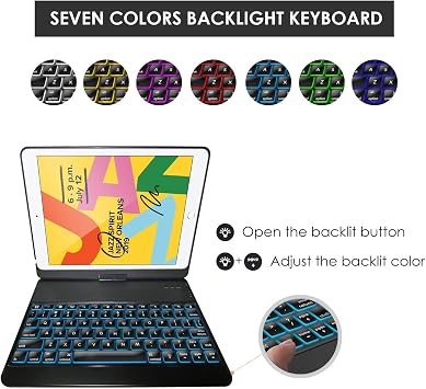 ProCase 360 Rotation Backlit Keyboard Case for iPad 10.2(9/8/7th), Black | Smart Cover with 7-Color Backlit Wireless Keyboard for iPad 10.2-Inch 9th/8th/7th Gen (2021/2020/2019)