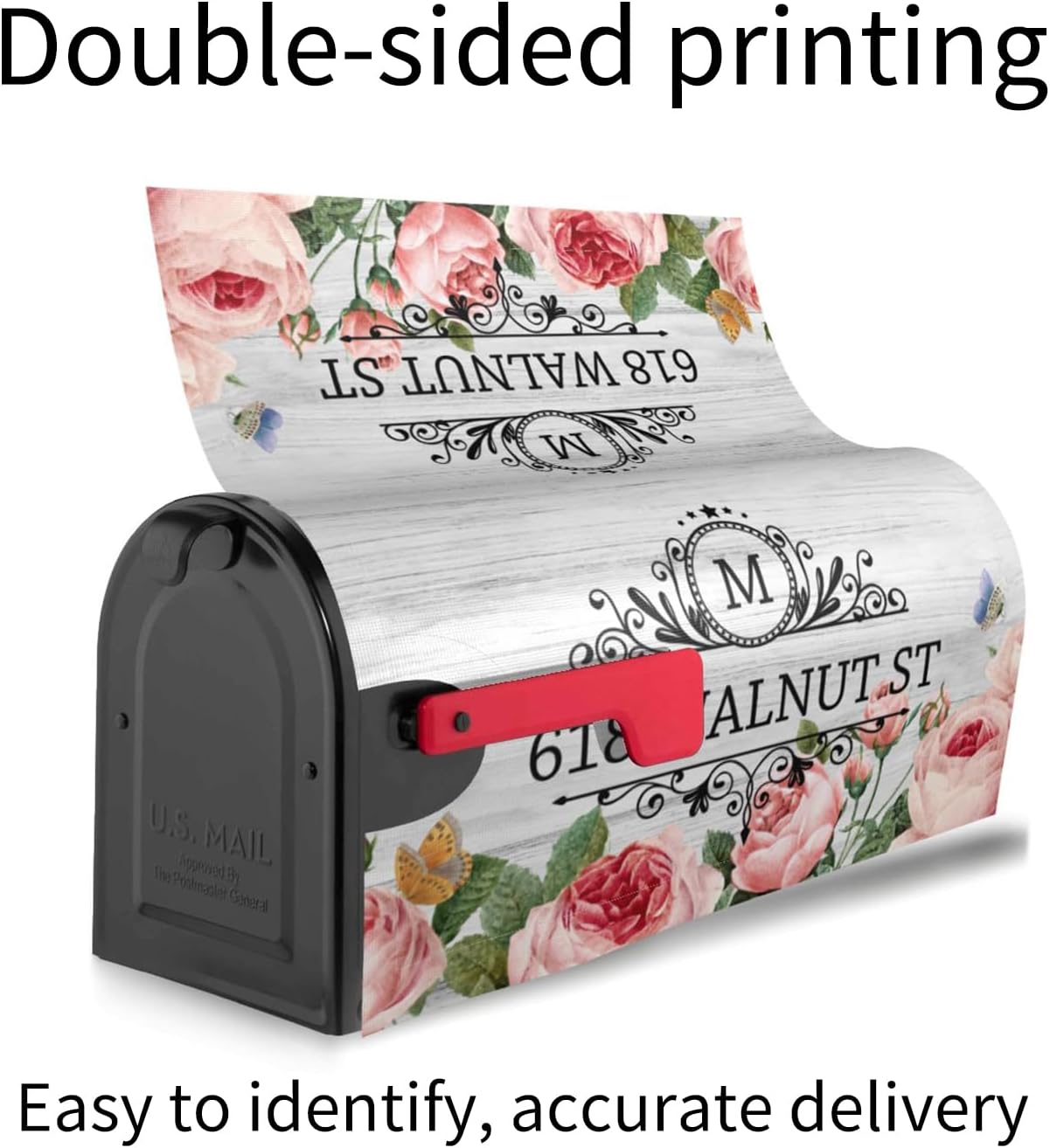 Pink Rose Butterfly Wood Texture Personalized Farmhouse Address Mailbox Covers Wedding Gifts Post Letter Box Covers Mailbox Wraps for Outside Garden Yard Courtyard Decor