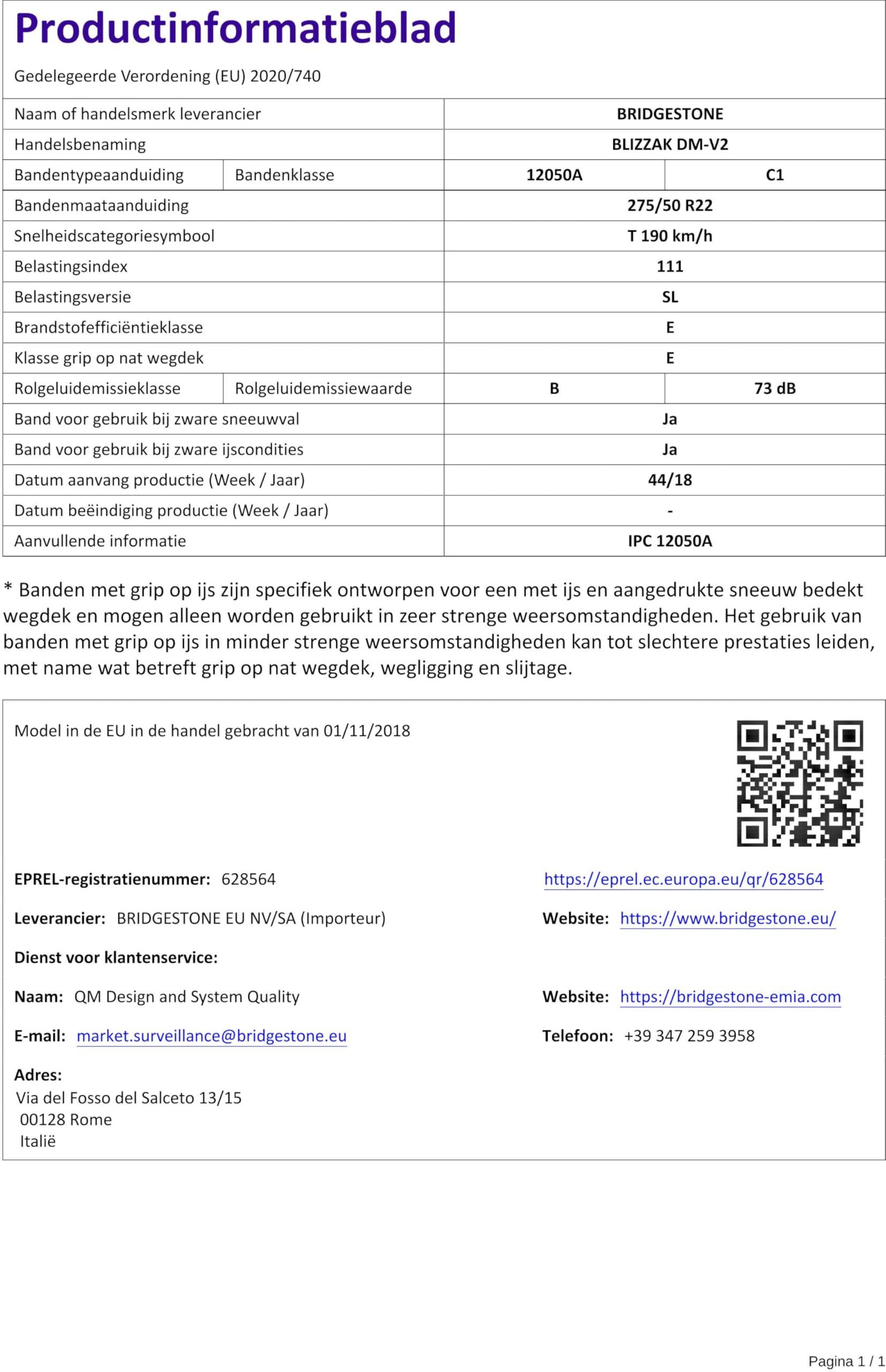 Bridgestone BLIZZAK DM-V2-275/50 R22 111T - F/F/73 - Winterreifen (SUV & 4x4)