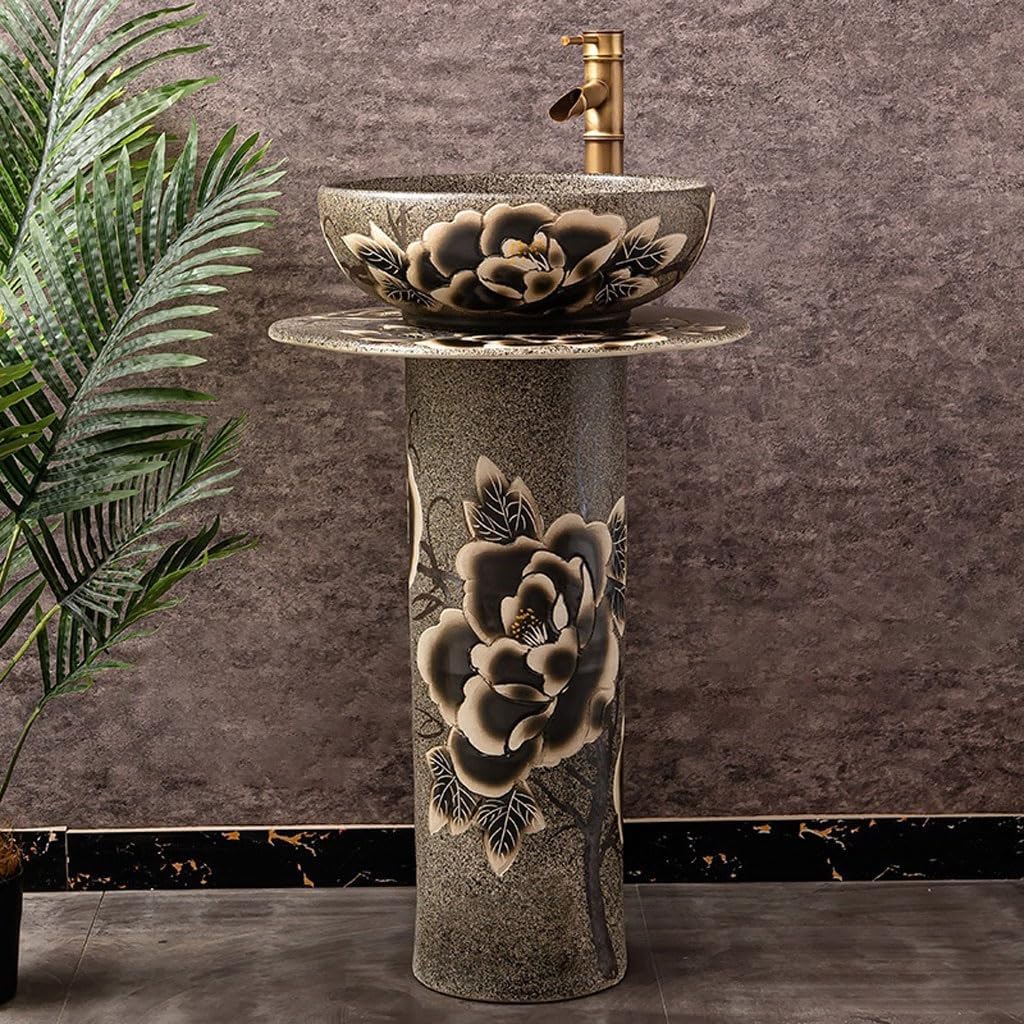 Pedestal Sinks Outdoor Wash Basin Villa Courtyard Pool Balcony Floor-Standing Column Ceramic Bathroom Sink (A)