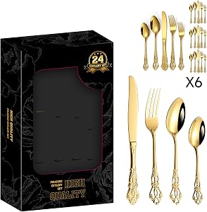 24-Piece Gold Cutlery Set - Stainless Steel Gold Silverware Set for 6 Food Grade Novelty Flatware Cutlery Utensil Set Include Knife Fork Spoon Mirror Polished Dishwasher Safe