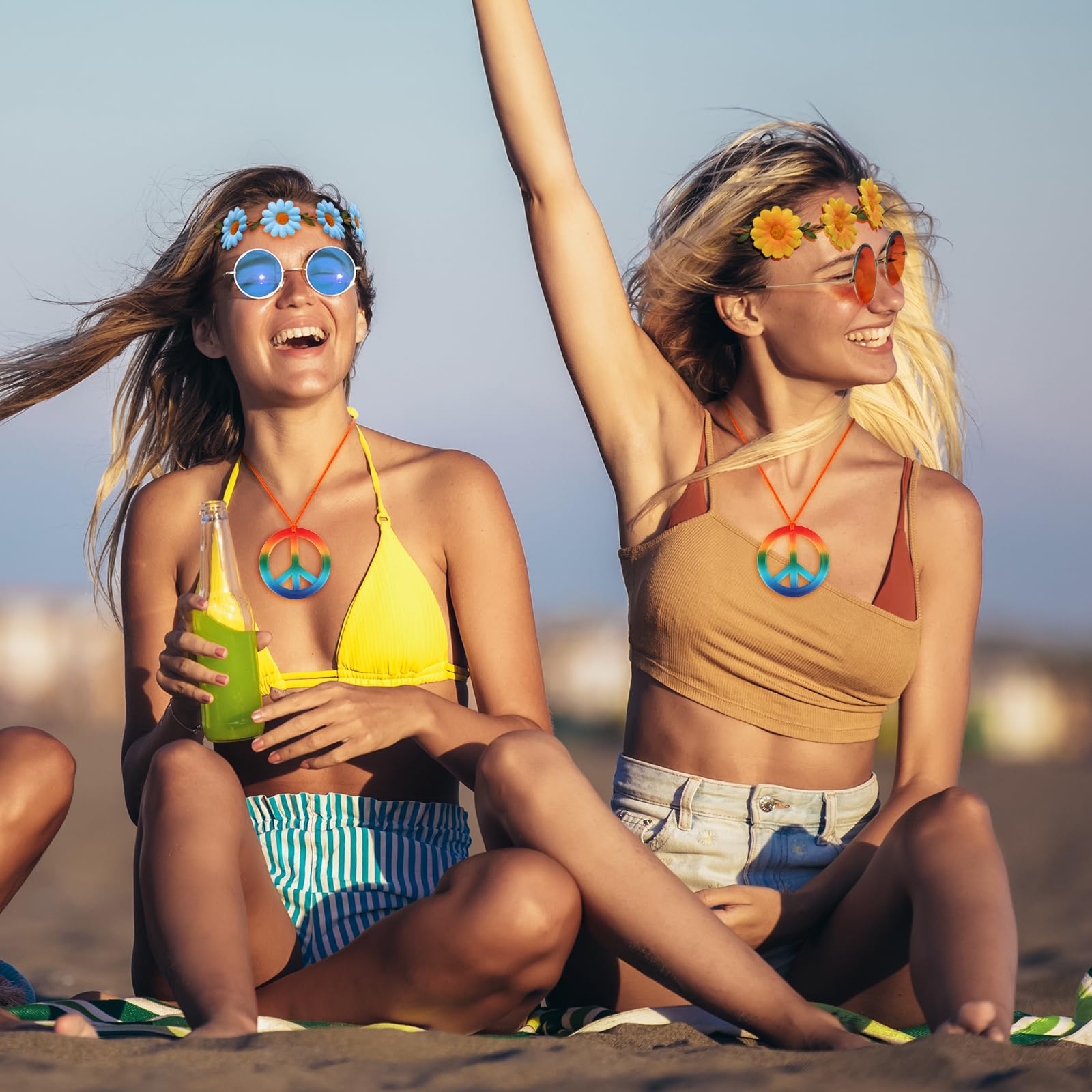 Juego de Accesorios Disfraz Hippie de 18 Piezas Gafas de Sol Redondas Retro Collares con el Signo de la Paz Diademas de Margaritas y Girasoles para Fiesta de los Años 70 y 80