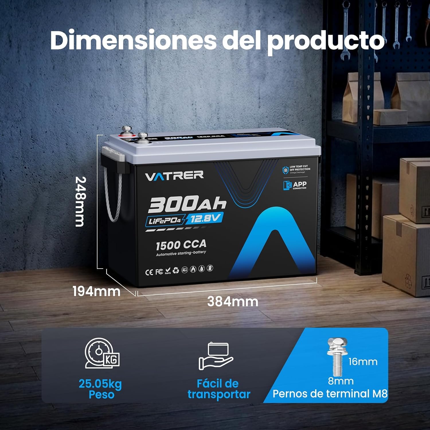 VATRER POWER Batterie LiFePO4 12 V 300 Ah avec application Bluetooth
