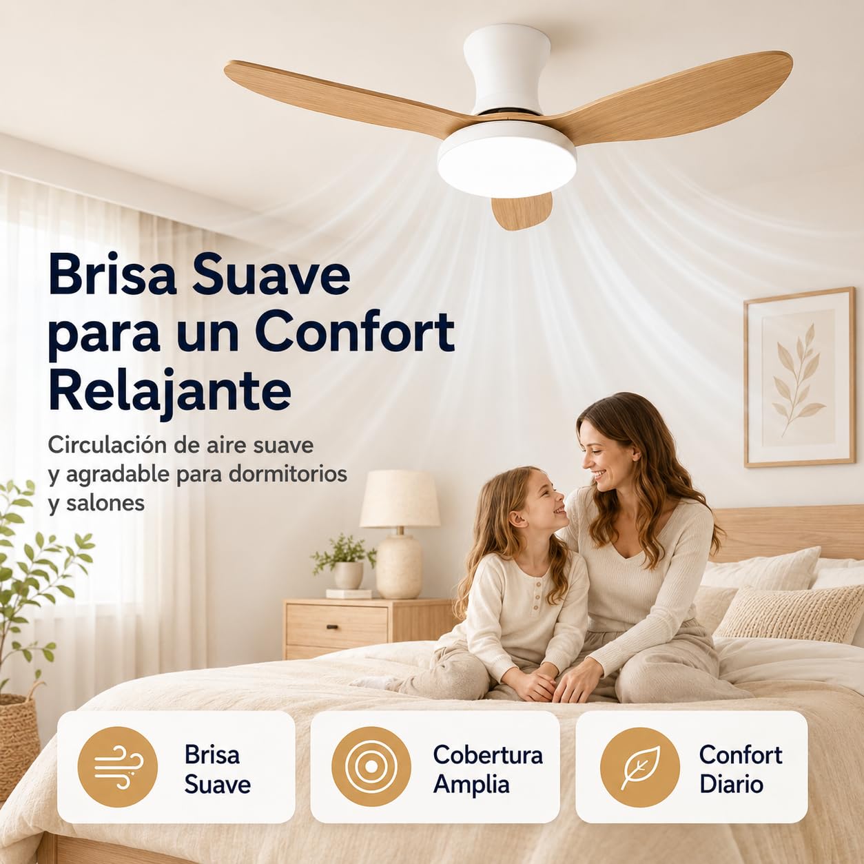 Genérico Ventilador de Techo Inteligente 63cm Madera con Luz Regulable, App/Mando, 3 Aspas Reversibles, Motor Silencioso Empotrado para Dormitorio, Bajo Consumo 220V (Blanco)